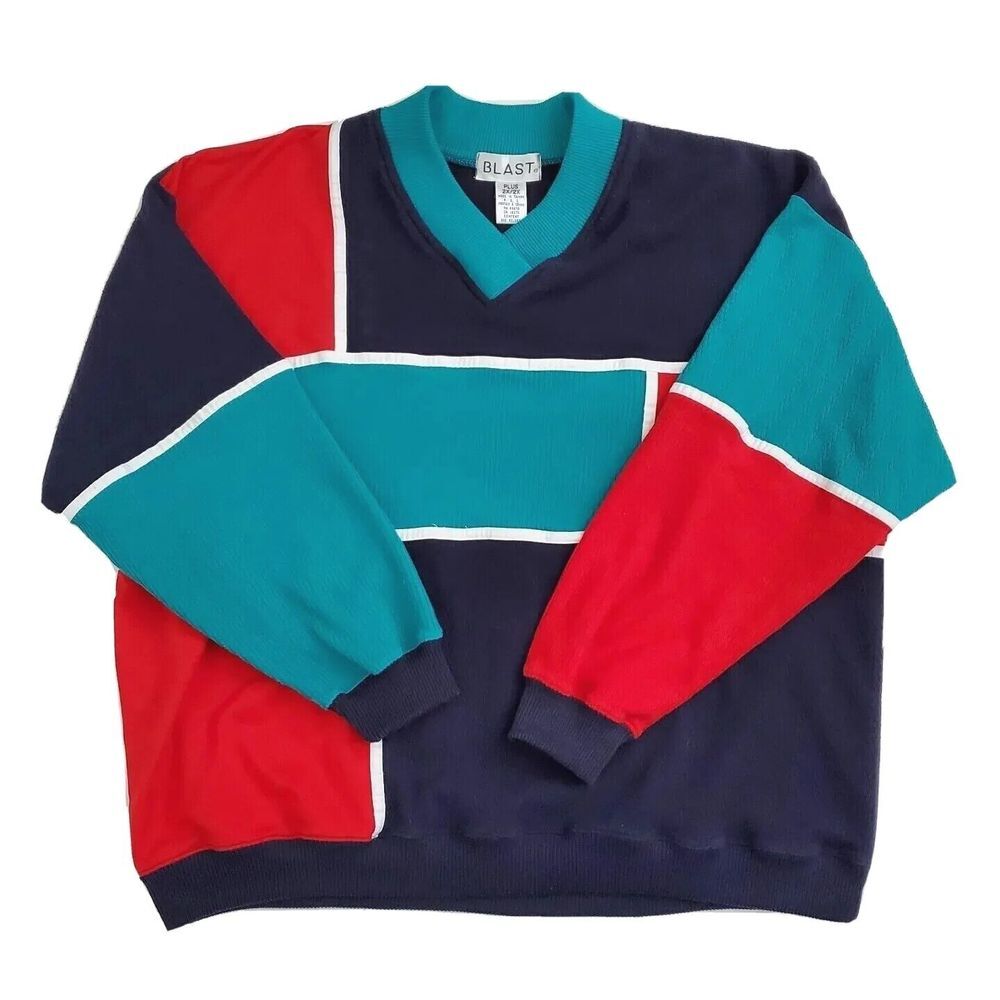 Vintage 90's Blast‎ Sweater Pullover Colorblock (Womens Plus Size 2X) Blue Red